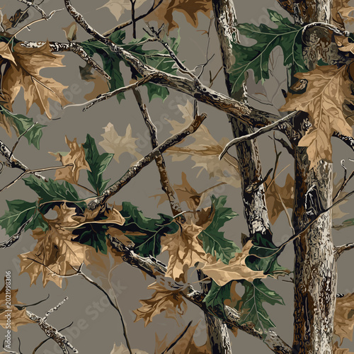 Realistic forest camouflage seamless vector pattern with leaves branches and bark print ready 300 dpi for hunting gear