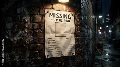 Missing person poster on a brick wall at night