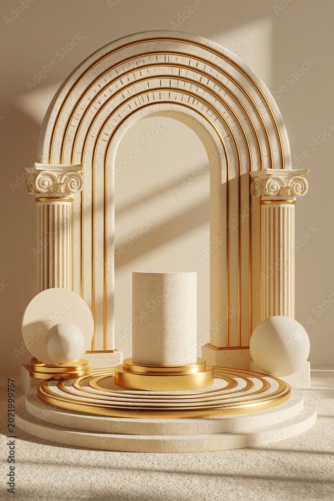 Fototapeta premium Elegant Classical Archway Pedestal with Geometric Forms and Golden Accents for Product Display