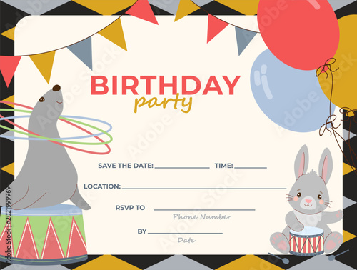 Φωτογραφία Funny clowns entertain with juggling and unicycle riding in this lively vector illustration designed for a child s birthday announcement