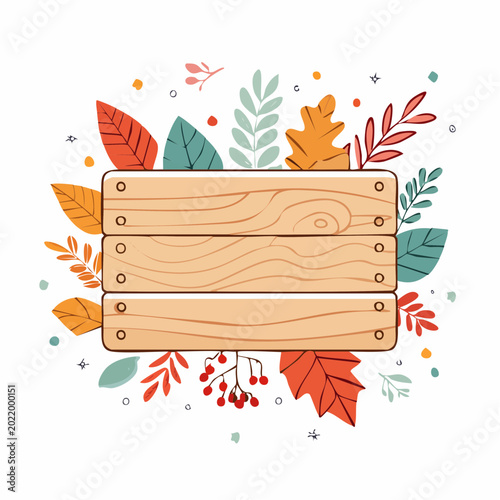 Wooden Sign with Autumn Leaves and Berries Illustration