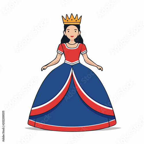 Cartoon Queen Wearing a Crown and a Blue and Red Dress