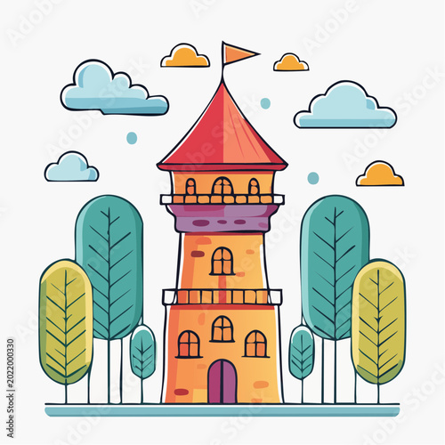 Cartoon Tower with Trees and Clouds