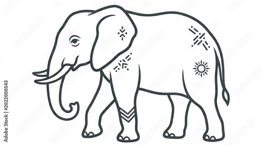 Obraz premium Stylized Black and White Elephant Line Art With Cultural Patterns