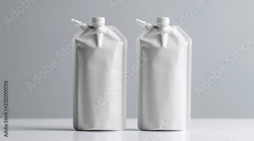 Pouch mockup of two blank white plastic containers for liquid packaging flexible