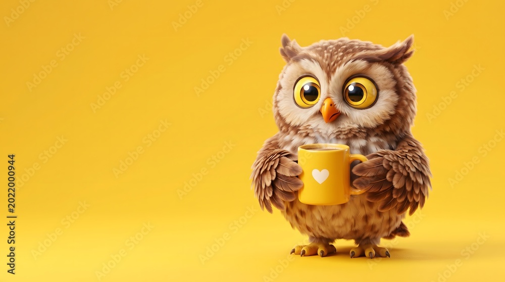 Obraz premium Cute 3D Cartoon Owl Holding Yellow Coffee Mug with Heart on Yellow Background Funny Animal Character