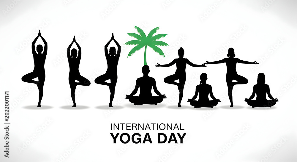 Obraz premium International yoga day celebration with various yoga poses under a palm tree