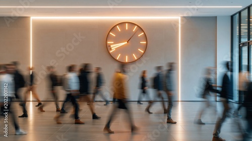 Blurry crowd of diverse people walking past a large illuminated clock in a modern office hallway during the workday