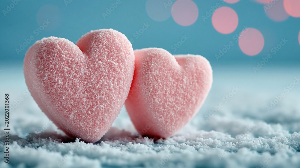 Fototapeta premium Two Sweet Pink Heart Shaped Candies Resting in Soft Snow with Bokeh Lights