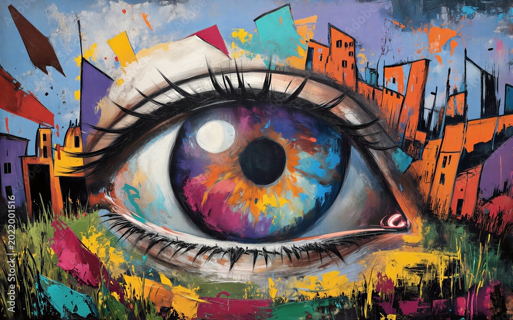 Fototapeta premium Vibrant eye watches colorful cityscape blending nature and urban