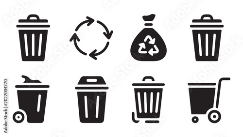 Tableau sur toile Environmental recycling symbols and street waste bins set for ecological sustainability signs