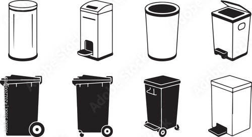 Tableau sur toile Modern trash cans with pedal and lid designs in silhouette style.