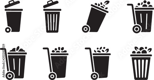 Photos Waste management icons set showing outdoor garbage wheelie bins and residential trash cans