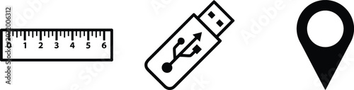 Photos Black vector icon set with measuring ruler instrument USB flash drive storage an