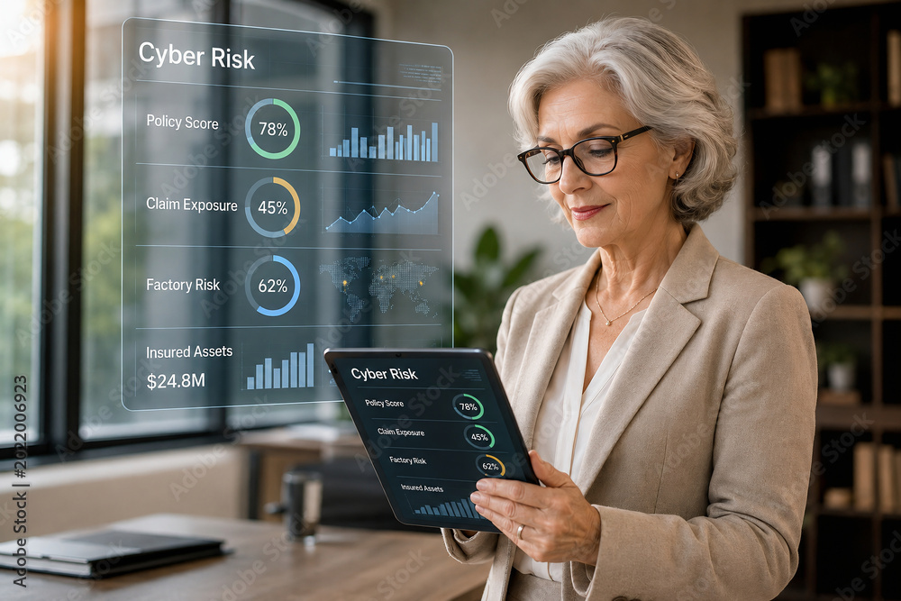 Mature Businesswoman Analyzing Cyber Risk Management Dashboard on Tablet