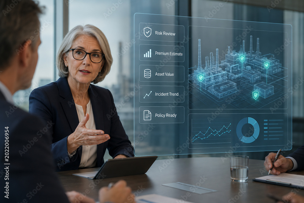 Mature female executive discussing industrial risk management and insurance using a futuristic holographic interface