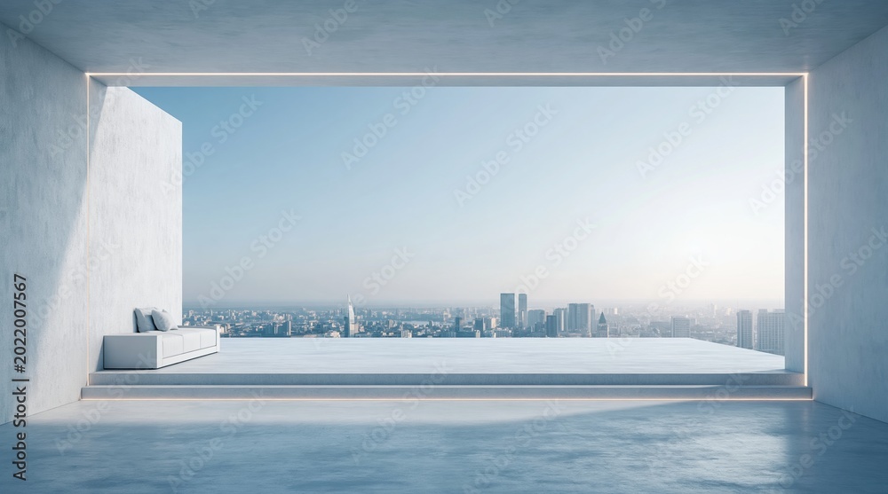 Fototapeta premium Modern minimalist open-plan living space with panoramic city skyline view and contemporary sofa