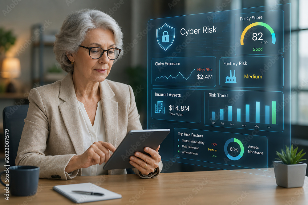 Mature Businesswoman Using Tablet with Futuristic Cyber Risk Management Dashboard