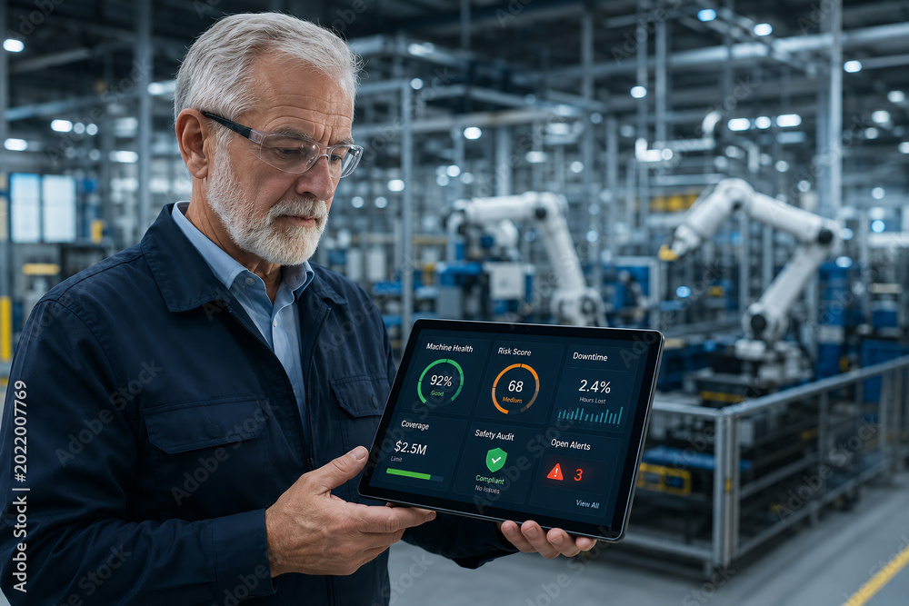 Senior Engineer Monitoring Industrial Automation and Machine Health on Tablet in Smart Factory