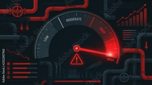 Tense Industrial Atmosphere Conveyed Through A Vector Composition Of A Gigapixel Pressure Gauge System Illustrating High Alert Status In A Modern Technical Environment With Warning Signs And Graphs.