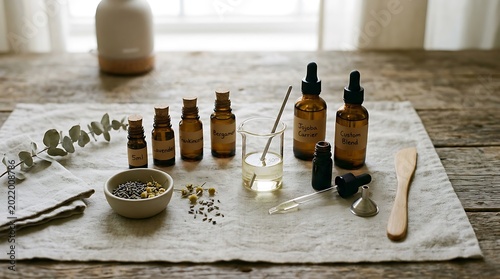 DIY Essential Oil & Natural Skincare Workshop. Amber Bottles, Herbs & Tools for Organic Beauty Product Creation, Wellness & Aromatherapy.