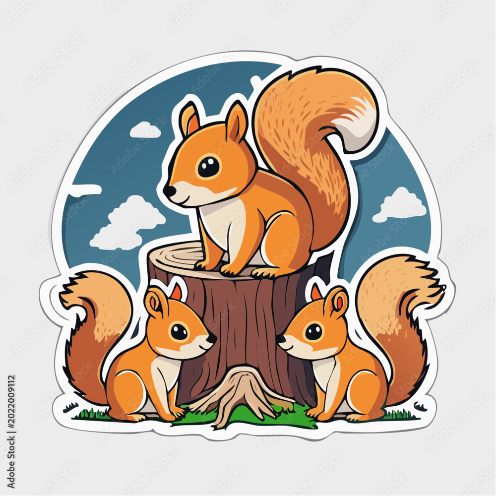 Fototapeta premium Cute Cartoon Squirrels on a Tree Stump