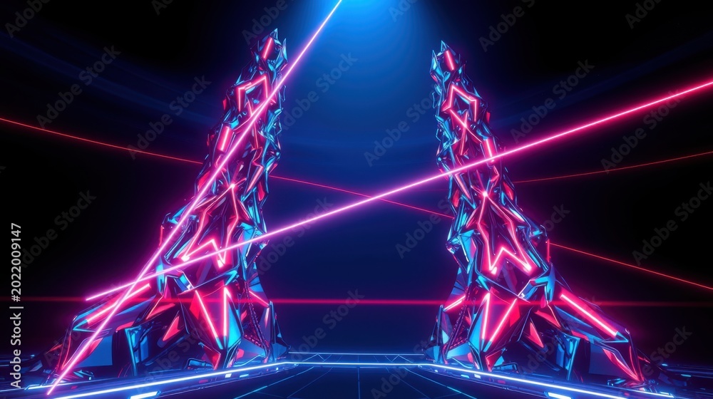 Obraz premium Neon towers frame dark roadway. Vibrant blue, red lines create futuristic tunnel effect. Minimalist design, striking visual impact.