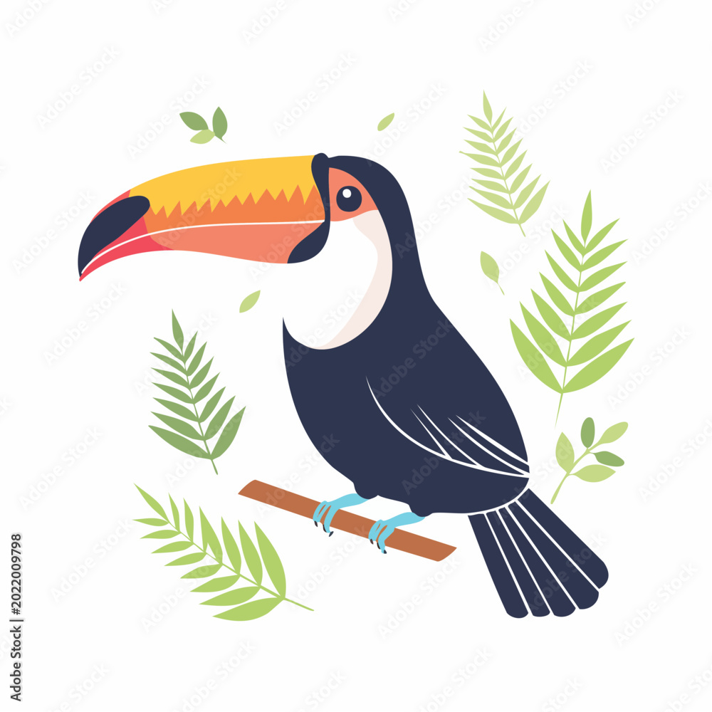 Obraz premium Stylized Toucan Bird Illustration with Tropical Leaves