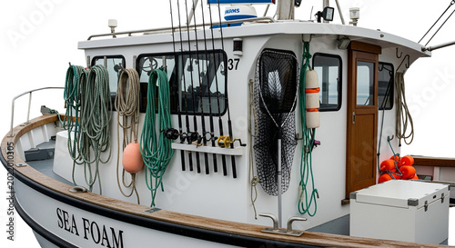 Fishing Boat Sea Toan White With Green Ropes And Orange Buoys Isolated