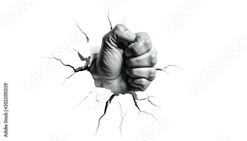Fist Breaking Through White Wall Cracks Dramatic Black White Isolated