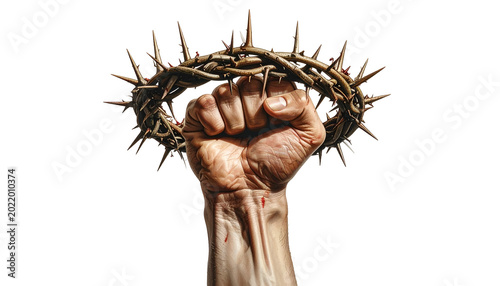 Fist Holding Crown Of Thorns Realistic Photo Isolated White Background