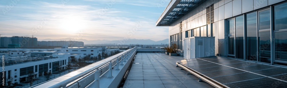 Fototapeta premium Modern Office Building Rooftop Terrace Overlooking Cityscape at Sunrise with Clear Sky