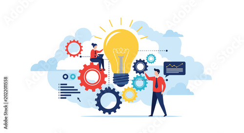 Creative team working with large colorful gears and a giant lightbulb to develop efficient mechanical solutions and innovative business systems.