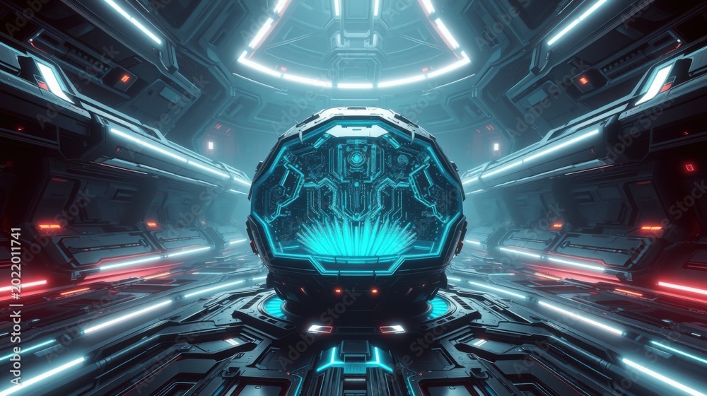 Fototapeta premium Futuristic interior. Complex metallic structure glows with vibrant blue, red lights. Dark, symmetrical design evokes scifi atmosphere.