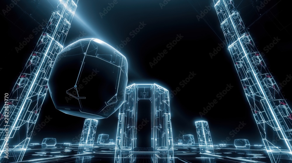 Fototapeta premium Futuristic landscape. Glowing wireframe structures dominate dark space. Geometric shapes create abstract scene. Minimalist design.