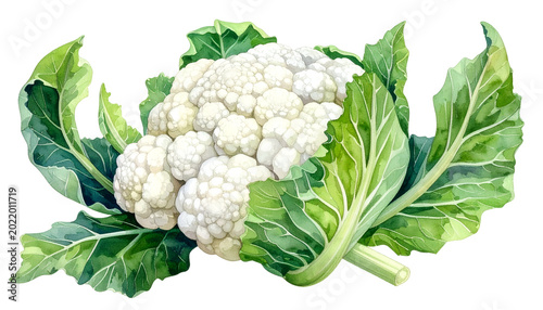 Fresh Cauliflower Watercolor Illustration Isolated Green Leaves