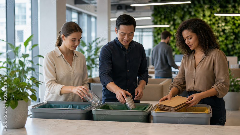Diverse group of office workers recycling waste in a modern sustainable office environment