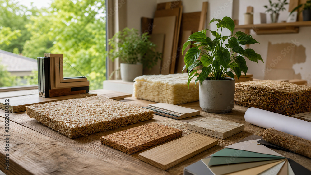 Sustainable Eco-Friendly Building Materials and Interior Design Samples on Wooden Table