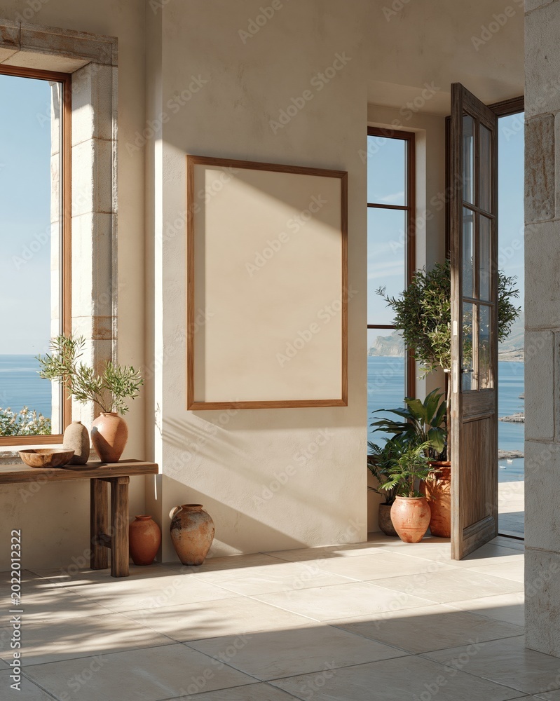 Naklejka premium Sunlit Mediterranean Interior With Open Door Revealing Ocean View and Empty Frame