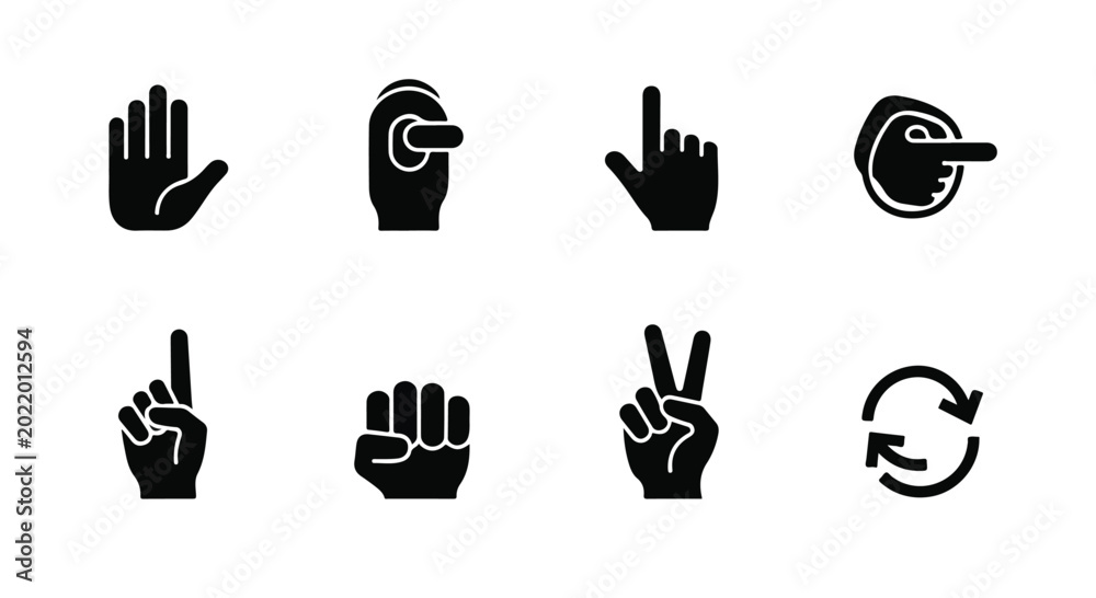 Fototapeta premium Black hand gesture icons set, minimalist human palm and finger symbols, solid vector silhouette of 8 touch screen and communication signs