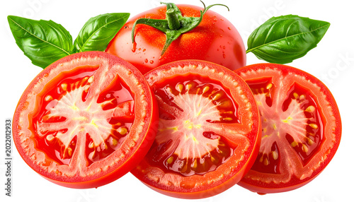 Fresh Red Tomato Slices and Whole with Basil Leaves Isolated Transparent Background