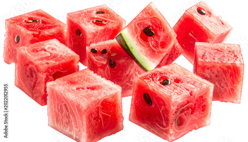 Fresh Red Watermelon Cubes Scattered Isolated Transparent Background Natural Lighting