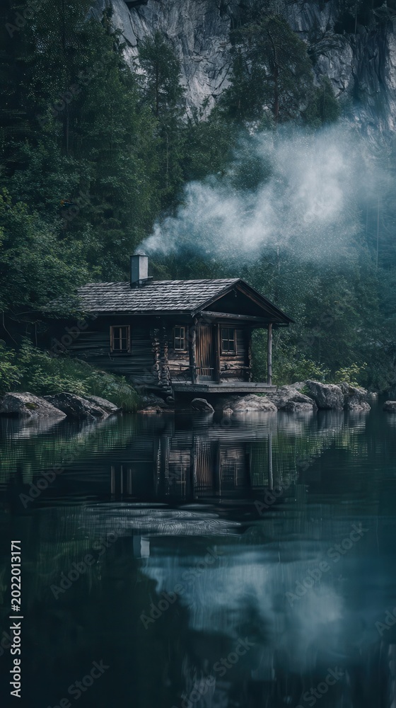 Obraz premium Rustic cabin by a still lake in a misty forest.