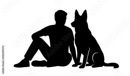 Canvastavla Man with shepherd dog silhouette flat vector illustration isolated human and ani