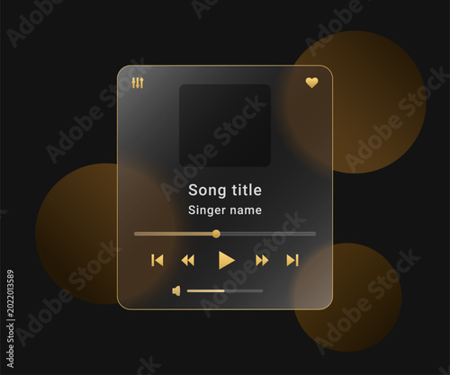 Music player with transparent liquid glass effect and gold interface elements