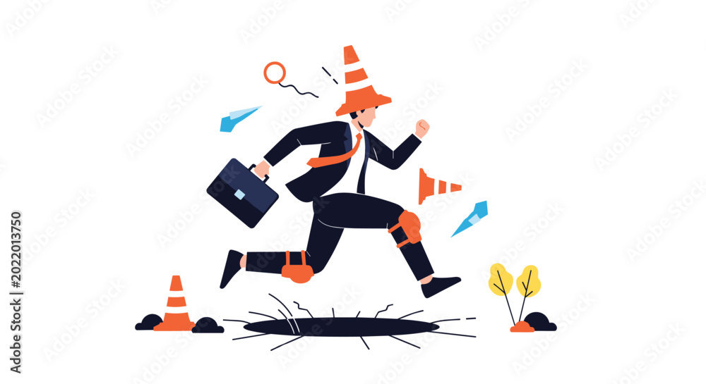 Fototapeta premium Businessman jumping over a deep hole and avoiding traffic cones representing risk management, overcoming obstacles, and safety in workplace.