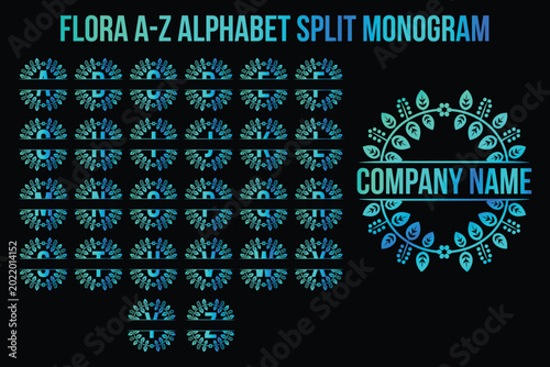 Floral Alphabet Split Monogram Blue Vector Set. Botanical Initial Letters for Branding and Logo Design