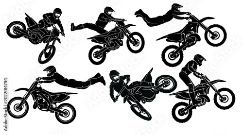 Quadro em tela Motocross Rider Silhouette Set, Dirt Bike Racing, Stunt and Off Road Icons, black and white silhouettes, vector and freestyle illustrations of motocross, isolated on white background