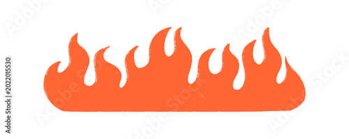 Wide orange fire flame with realistic hand drawn crayon texture and grainy finish. Isolated clip art element for warm themes and creative spicy food graphics.