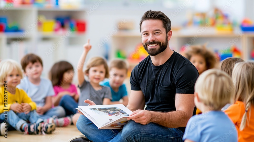 Fototapeta premium Male teacher reading book to diverse children